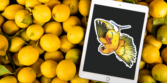 Illustration of a golden conure being shown on a ipad on a background of lemons